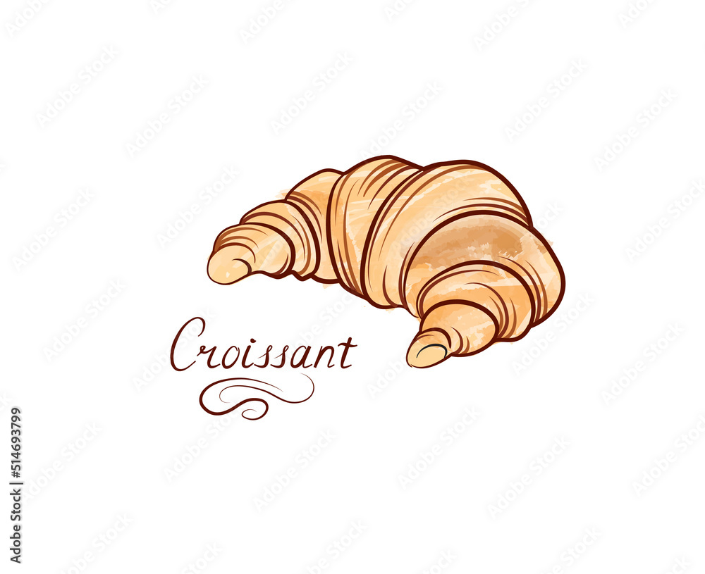 Croissant french food icon. Grain food color hand drawing line art on ...