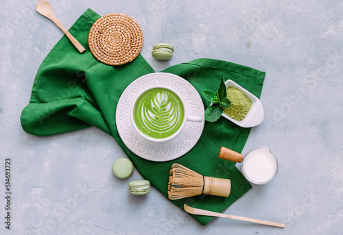 Green Matcha tea drink on light background. The concept of the Japanese tea ceremony. Flat Lay top view