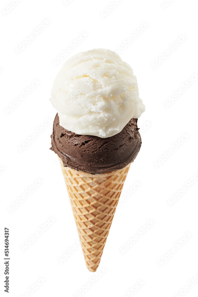 chocolate and vanilla ice cream with cone isolated on white chocolate and vanilla ice cream with cone isolated on white