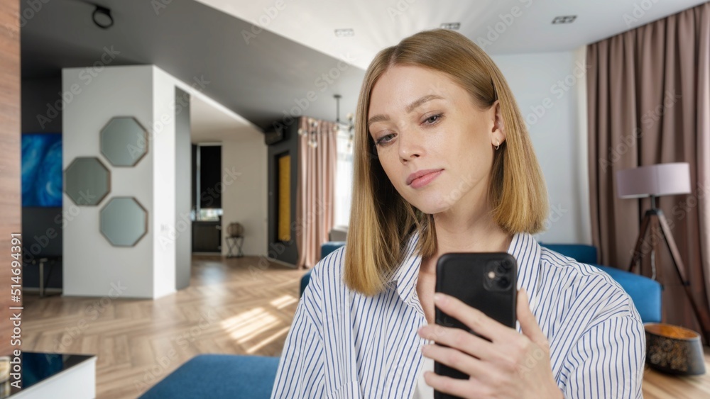 Close-uo of young woman speaking on video call, vlogger using smartphone talking at camera webcam online, selfie call, record lifestyle vlog, blogger online streaming at home Close-uo of young woman speaking on video call, vlogger using smartphone talking at camera webcam online, selfie call, record lifestyle vlog, blogger online streaming at home