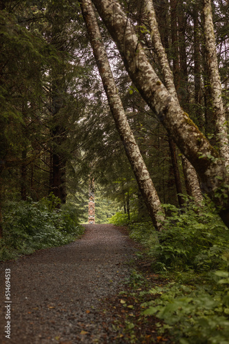 Path in the forest leading to totem pole 