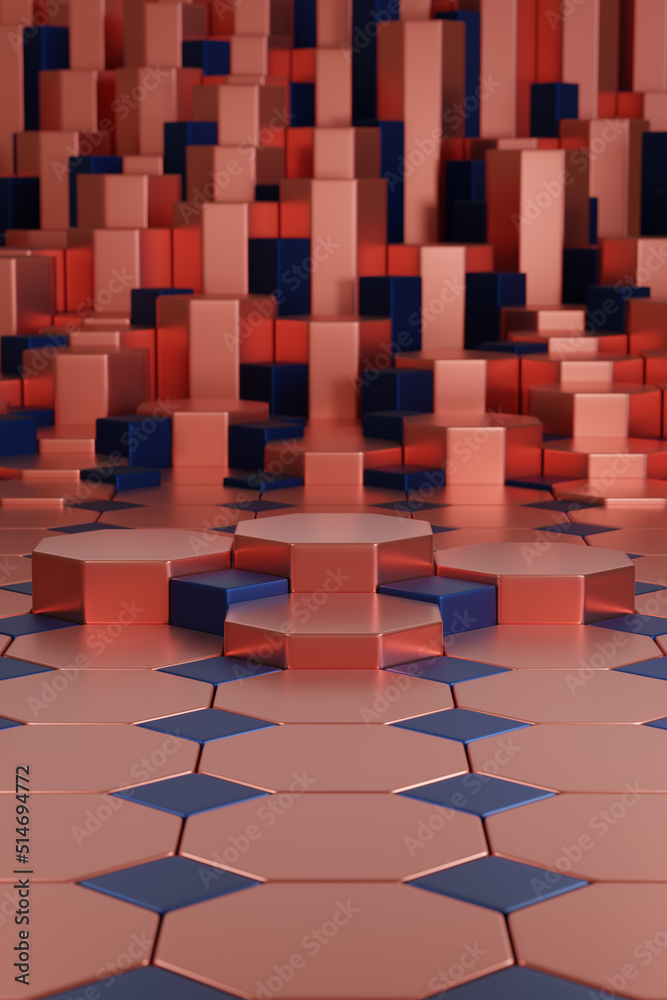 Fototapeta premium Octagon podium for product display on red background. Vertical background. 3d illustration.