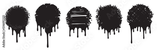 Set of five black grunge decors with paint drips. Vector illustration for your design.
