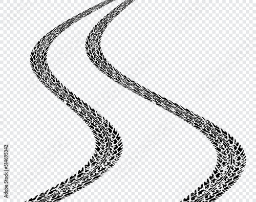 Winding black tires tracks on transparent background..