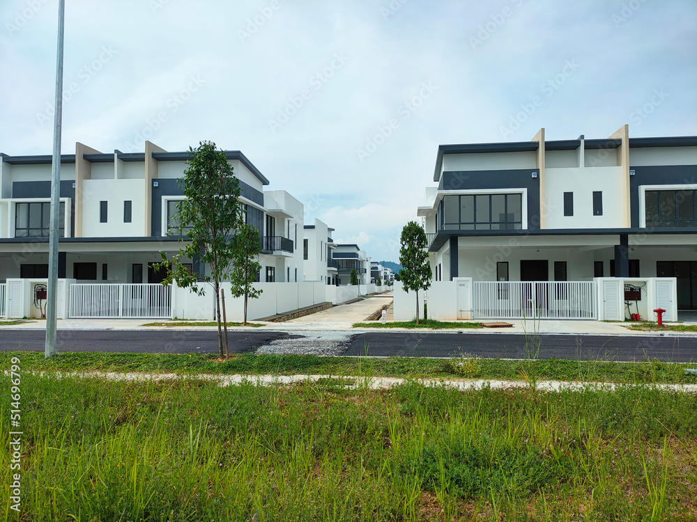SEREMBAN, MALAYSIA -MARCH 4, 2021: Selected focused on double story terrace house under construction in Malaysia. Designed by an architect with a modern and suite with tropical climate.
SEREMBAN, MALAYSIA -MARCH 4, 2021: Selected focused on double story terrace house under construction in Malaysia. Designed by an architect with a modern and suite with tropical climate.
