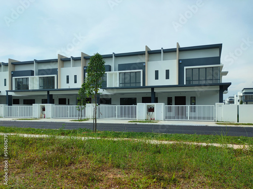 SEREMBAN, MALAYSIA -MARCH 4, 2021: Selected focused on double story terrace house under construction in Malaysia. Designed by an architect with a modern and suite with tropical climate. 