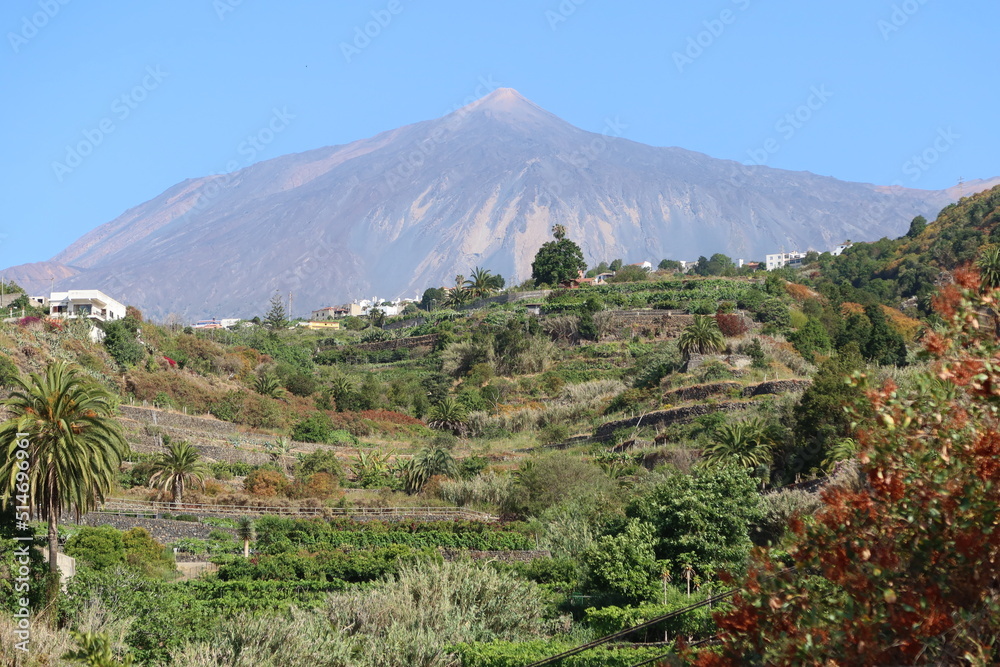 Icod de los Vinos, Tenerife, Spain, June 10, 2022: Teide volcano, 3,715 m, seen from Icod de los Vinos, Tenerife, Spain