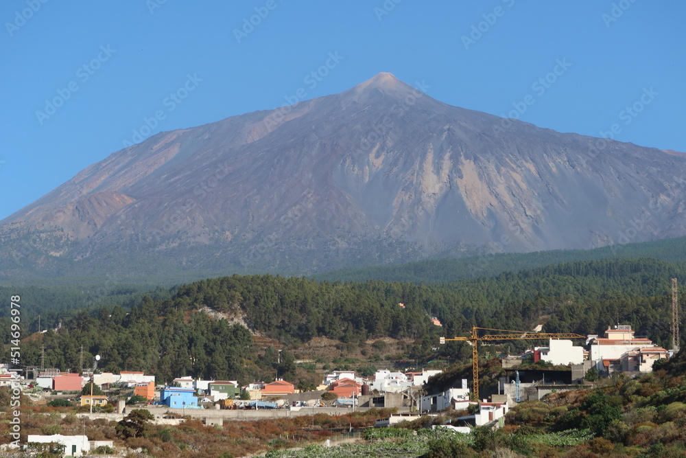 Icod de los Vinos, Tenerife, Spain, June 10, 2022: Mount Teide volcano, 3,715 m, seen from Icod de los Vinos, Tenerife, Spain