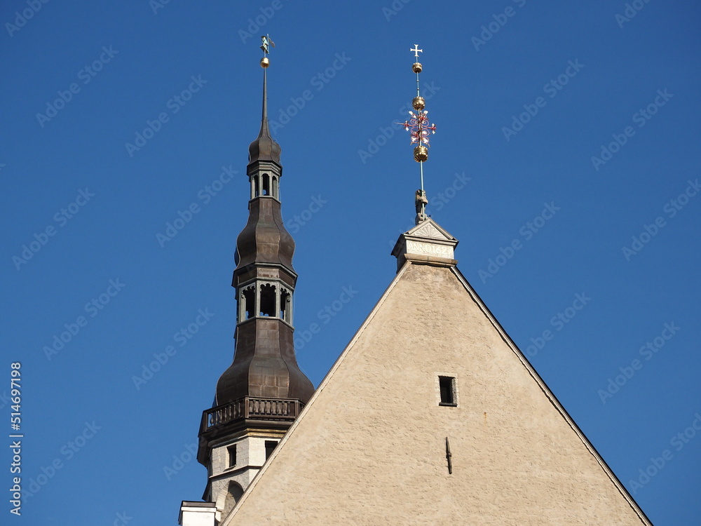 The steeples of Tallinn Town Hall, Estonia