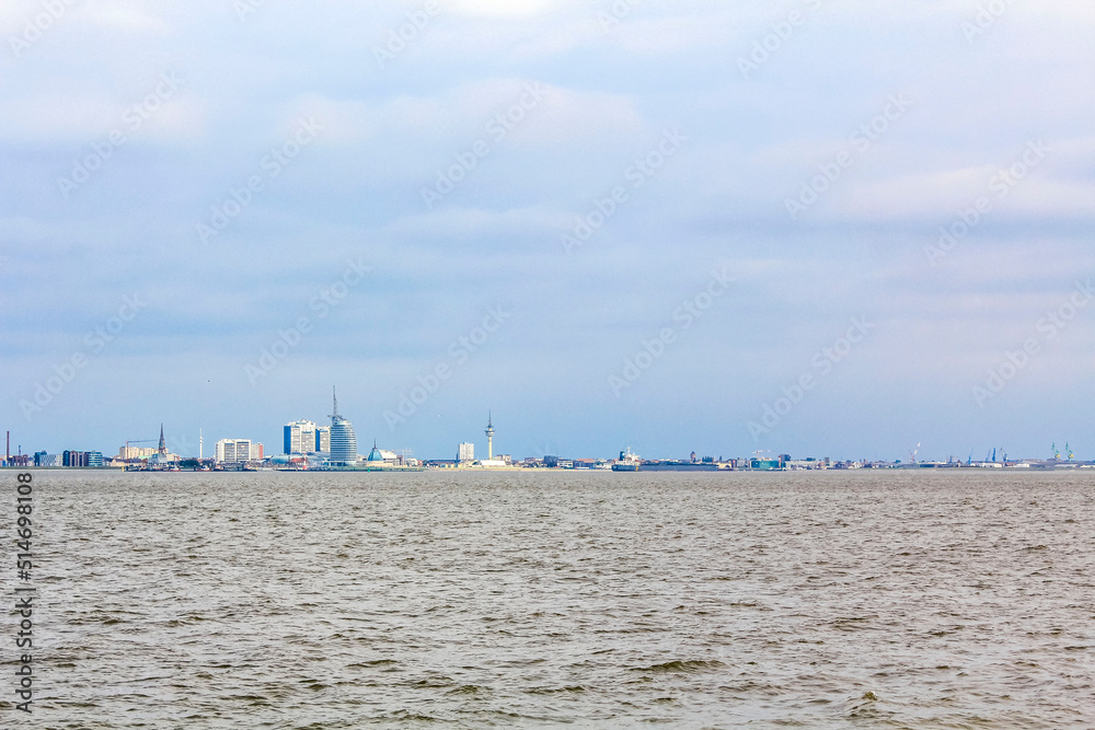 Cityscape coast and landscape dike panorama of Bremerhaven Germany.
