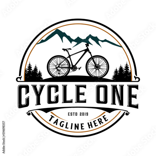 mountain bike emblem logo vector. bicycle vector illustration, tree hill, emblem