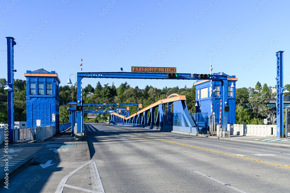 Quiet morning on the Freemont Bridge in Seattle with the double leaf bascule drawbridge bridge in the closed position Quiet morning on the Freemont Bridge in Seattle with the double leaf bascule drawbridge bridge in the closed position