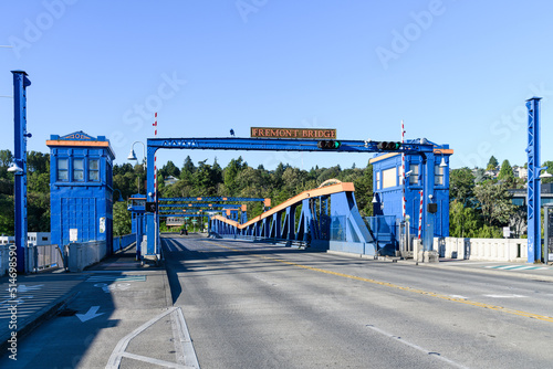 Quiet morning on the Freemont Bridge in Seattle with the double leaf bascule drawbridge bridge in the closed position