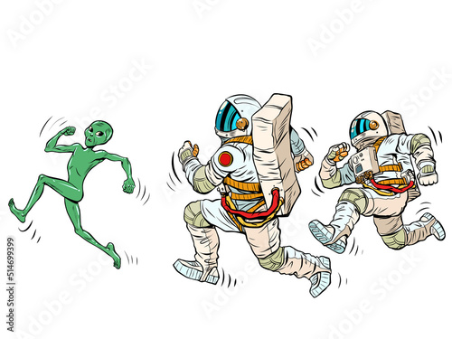 Astronauts are running after the alien. Space Police