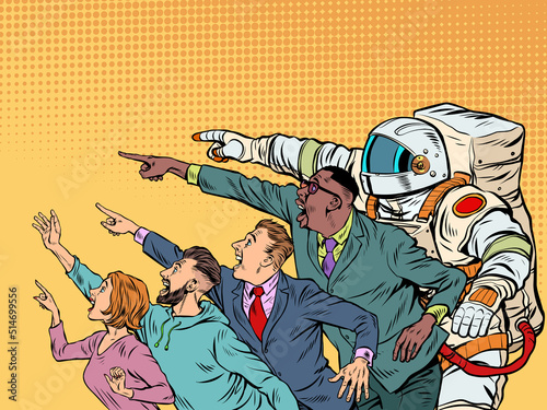 People point with their hand. Template advertising announcement news sale. Businessman woman man astronaut Pop art style