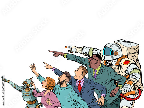 People point with their hand. Template advertising announcement news sale. Businessman woman man robot astronaut Pop art style