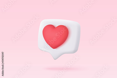 3D social media online platform concept, online social communication on applications, Photo frame with heart and love emoji icon, like and play in red bubble icons. 3d heart vector render concept photo