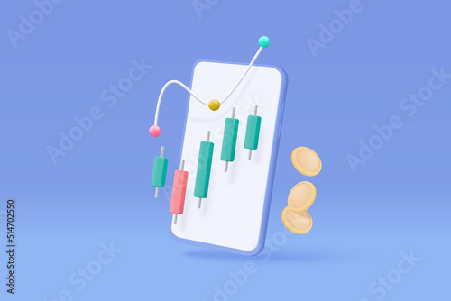 3D mobile phone funding business graph on creative solution. Money coin growing business concept for finance, investment, notification online payment. 3d trading vector icon illustration