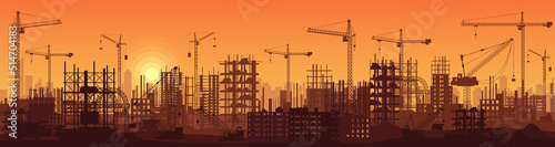 Fotografia Construction site with silhouettes of equipment, concrete structures and cranes in sunset urban landscape vector illustration