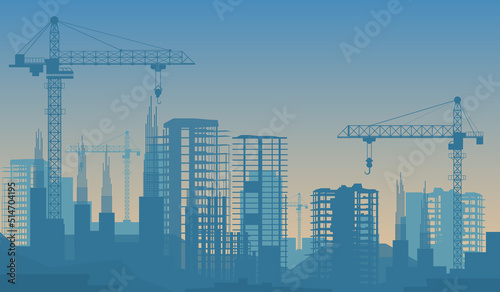 Blue skyline with modern construction site. Abstract silhouettes of building under reconstruction with scaffolds  new skyscrapers  concrete towers flat vector illustration. City development concept
