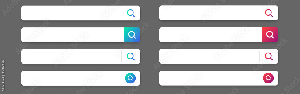 Search bar. Web UI elements for browsers with text field and search button, mobile application graphic elements collection. Search bar. Web UI elements for browsers with text field and search button, mobile application graphic elements collection.