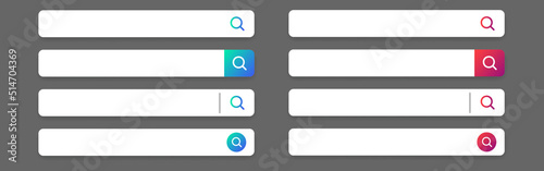Search bar. Web UI elements for browsers with text field and search button, mobile application graphic elements collection.