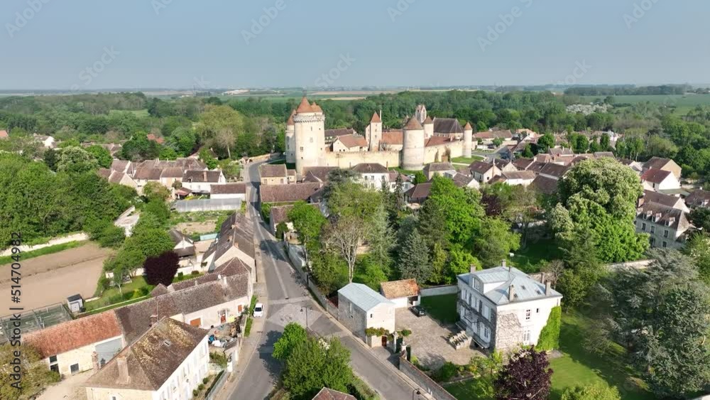 Aerial view of Blandy castle in Northern France typical feudal fortress transferred into lordly residence in Gothic style, hexagonal enclosure Aerial view of Blandy castle in Northern France typical feudal fortress transferred into lordly residence in Gothic style, hexagonal enclosure