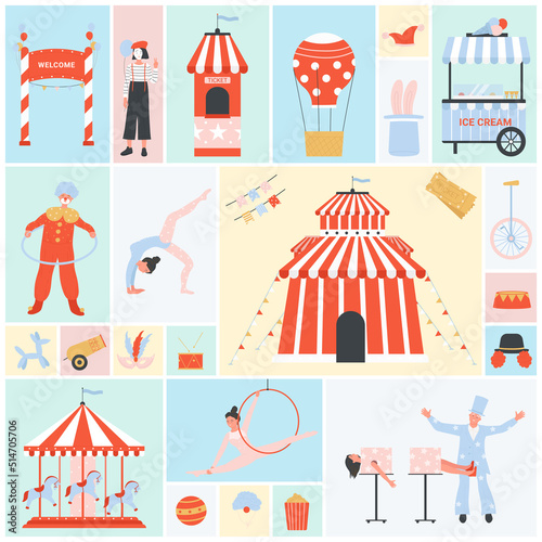 Cute circus set vector illustration. Cartoon clown, acrobat and magician, chapiteau tent, carousel, booth with tickets and ice cream in square collage background. Amusement park, carnival fair concept