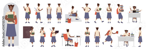 African american black girl student with glasses, laptop and school bag poses in side, front and back view set vector illustration. Cartoon clever cute female teenage holding books, standing, running