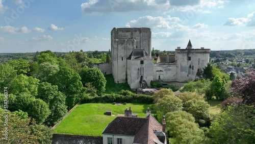 Flying toward the Royal Donjon of Loches Loire Valley France, feudal medieval stronghold on a sunny spring day