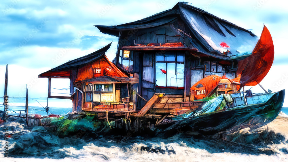 Obraz premium colorful house on the water in comic drawing style and clear sky