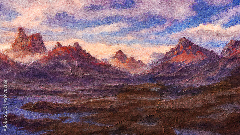 Naklejka premium painting of a sunset in the mountains on canvas