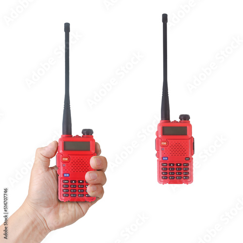 The hand of a man holding a walkie-talkie isolated on white background with clipping path