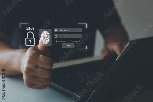 Businessman using a laptop login protection with 2FA, Two-Factor Authentication, Cybersecurity privacy protect data. internet network security technology. Personal online privacy. Cyber hacker threat.