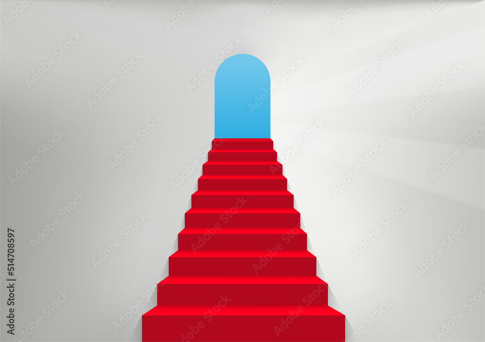 A red staircase with an open door at the top. A red staircase with an open door at the top.