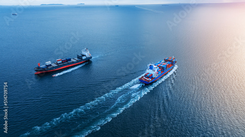 Two cargo large ship running opposite direction concept import export cargo container service and transportation in the ocean logistics and transport trade to custom forward mast