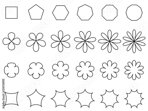 多角形やお花のアイコンセット_線のみ塗り無し