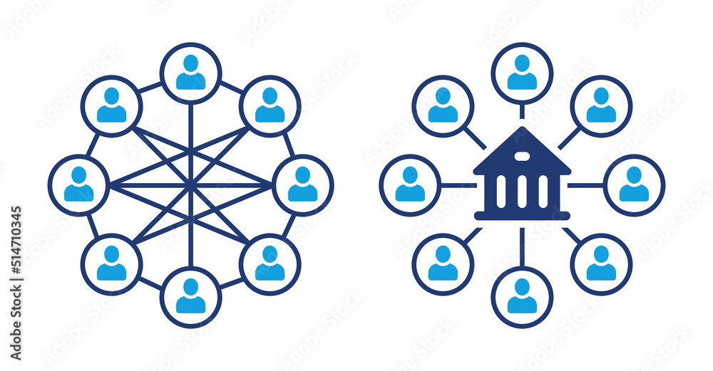 Decentralized finance and centralized finance vector icon. DeFi and CeFi digital network ...