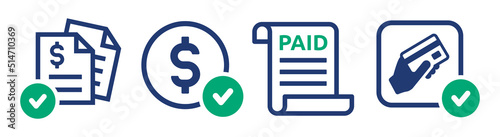 Paid icon vector set illustration. Dollar payment symbol with document and check sign. photo