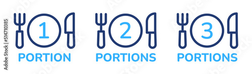 1 portion, 2 portions, 3 portions vector icon illustration with outline plate, fork and knife vector sign symbol.