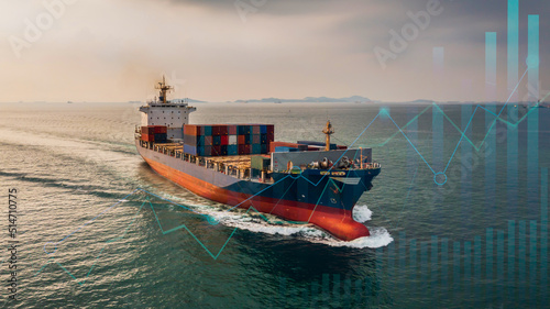 Container ship in import export global business worldwide logistic and transportation, Container ship unloading freight shipment, Aerial view container cargo boat freight ship.