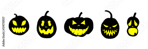 Set of Halloween pumpkins with scary glowing faces. Vector flat style illustration for design poster, banner, print
