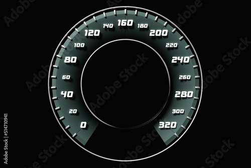  3D illustration of the  car panel, digital bright speedometer, odometer and other tools