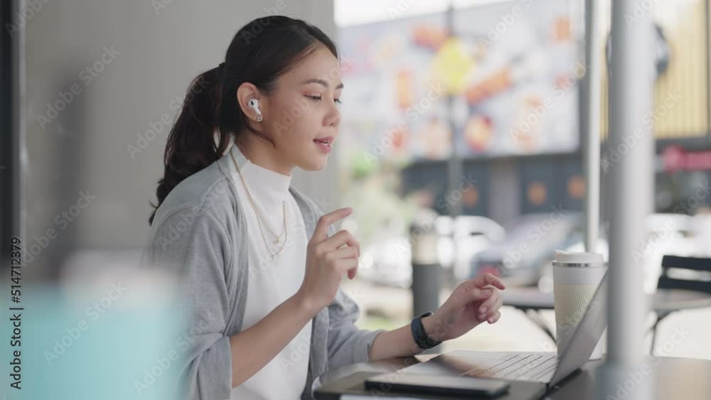 Future of workforce work hybrid anywhere workplace for Gen Z talent. Young adult asia people sit relax video call talk online telework or study MBA class at coffee shop cafes. Happy digital nomad job.