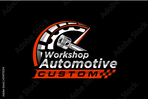 Piston gear logo automotive workshop design speedometer racing speed shop repair garage