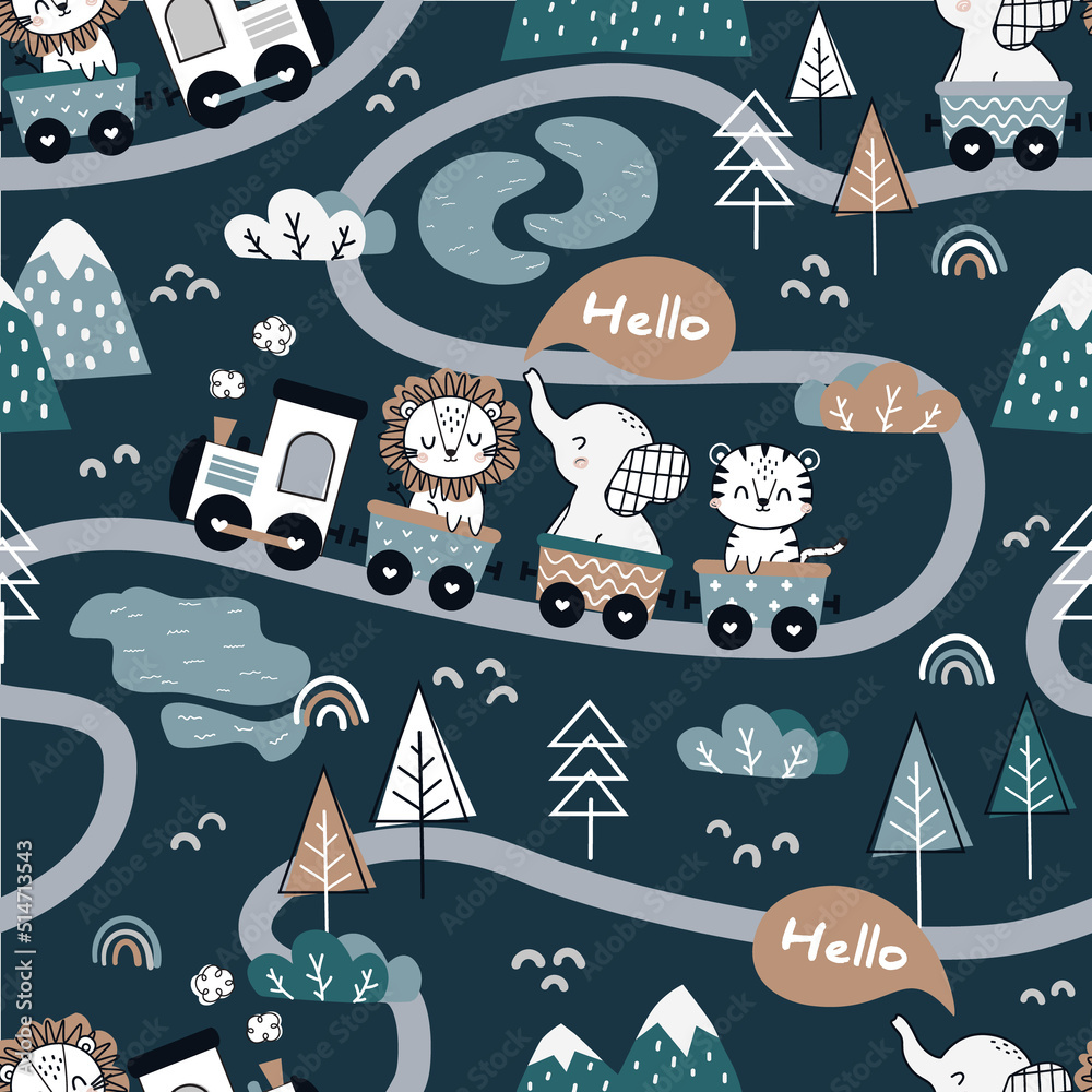 Zoo Background Train Set Cute animals on train seamless pattern. Happy elephant, tiger and lion ...
