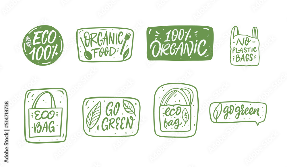 Organic food green color lettering phrases set collection. Hand drawn doodle sticker.