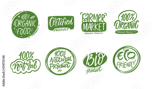 Eco food product green color lettering phrases set. Hand drawn doodle sticker vector illustration.