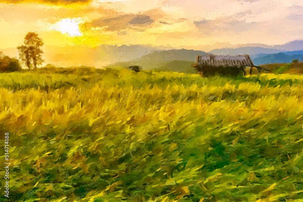 Beautiful gold color sunset at rice field, rice terrace, illustration painting image.