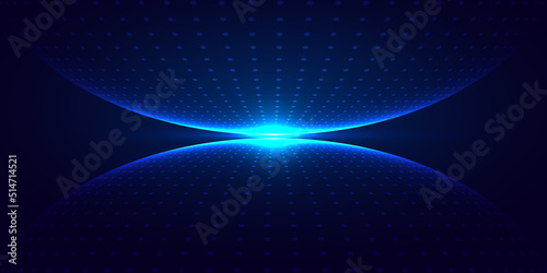 Abstract 3D blue glowing dots particles sphere with lighting on dark blue background technology